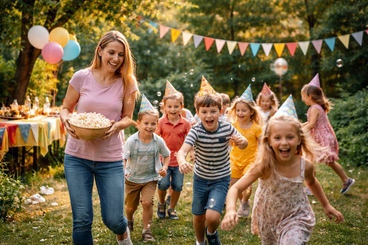 Viele Kinder laufen durch den Garten bei einem Kindergeburtstag