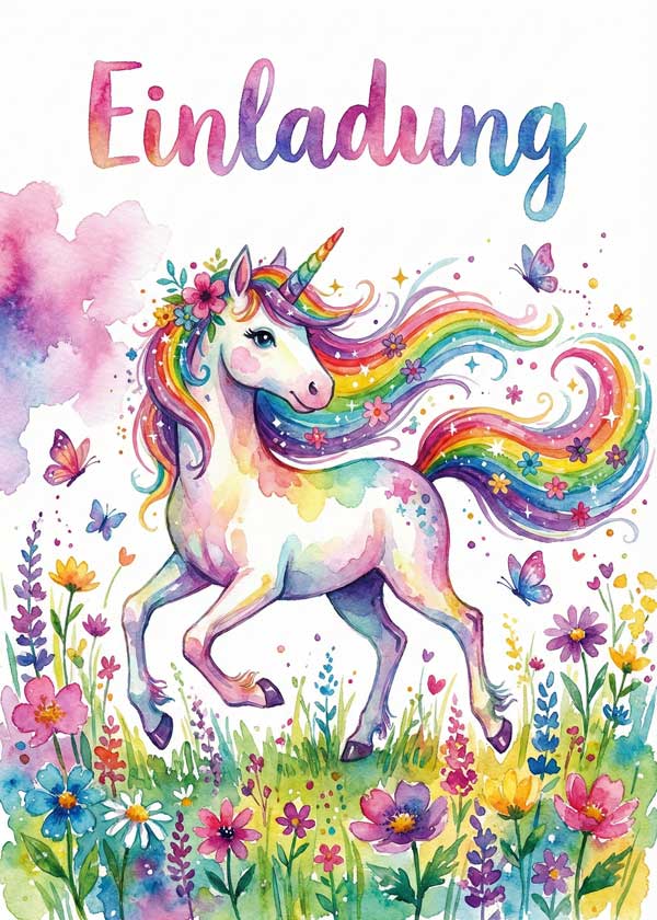 Kindergeburtstag Einladung: Vorlage zum Ausdrucken mit niedlichem Einhorn Motiv