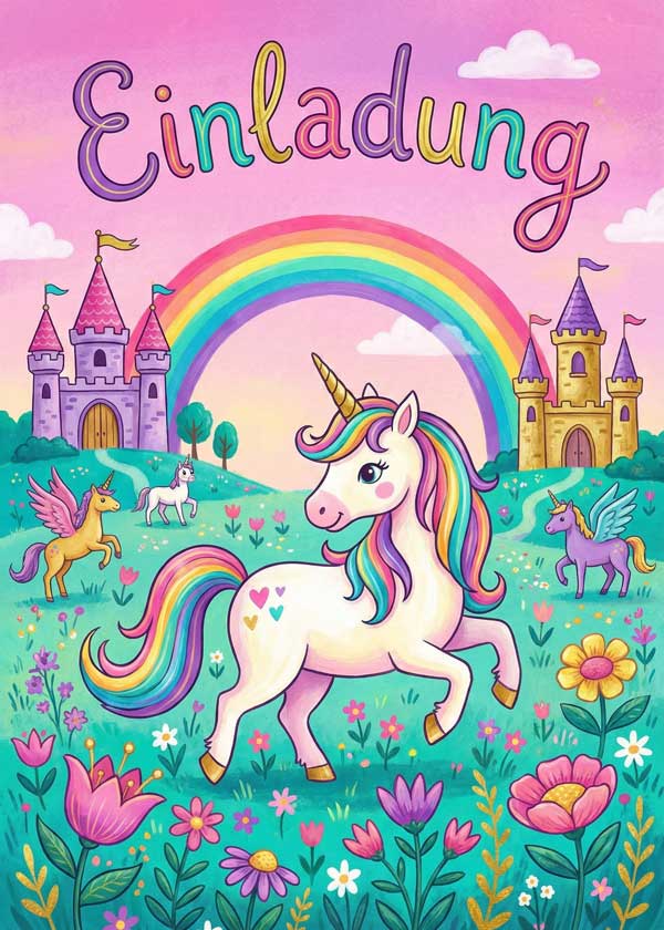 Kindergeburtstag Einladung: Vorlage zum Ausdrucken mit niedlichem Einhorn Motiv