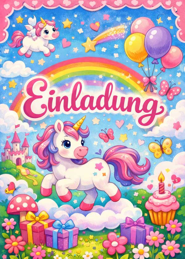 Kindergeburtstag Einladung: Vorlage zum Ausdrucken mit niedlichem Einhorn Motiv