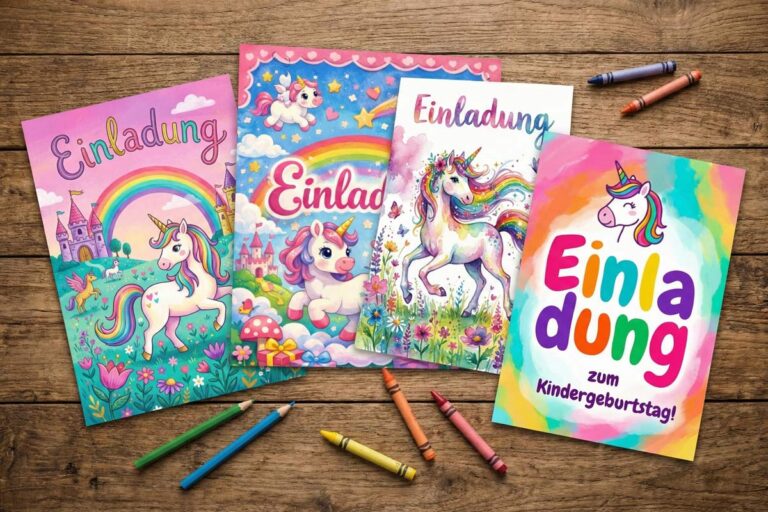 Kindergeburtstag Einladung: 4 PDF Vorlagen zum Ausdrucken mit niedlichen Einhorn Motiven