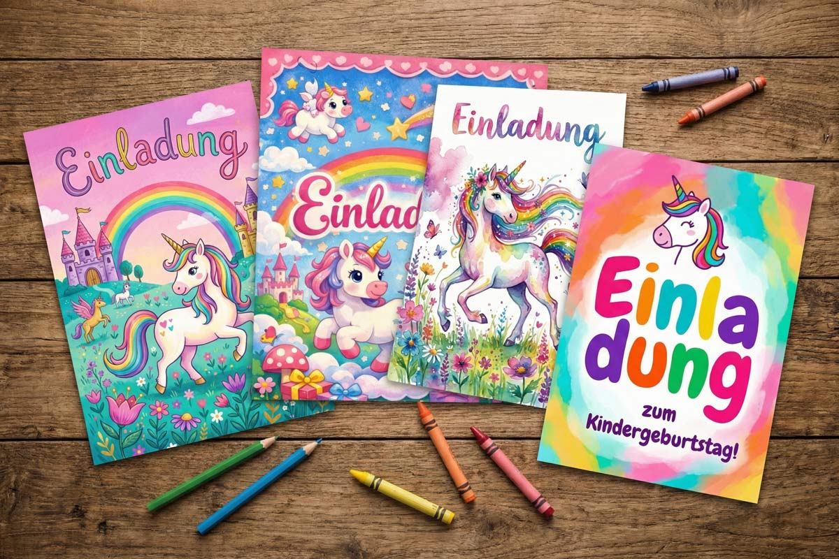 Kindergeburtstag Einladung: 4 PDF Vorlagen zum Ausdrucken mit niedlichen Einhorn Motiven