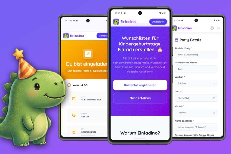 Screenshots der Einladino App zum Planen von Kindergeburtstagen und Erstellen von Wunschlisten