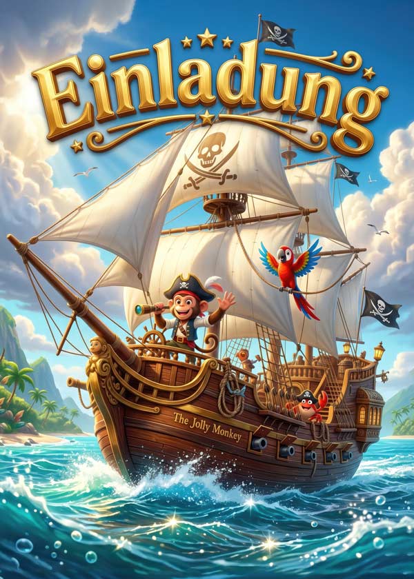 Kindergeburtstag Einladung: Vorlage zum Ausdrucken mit tollem Piratenschiff Motiv