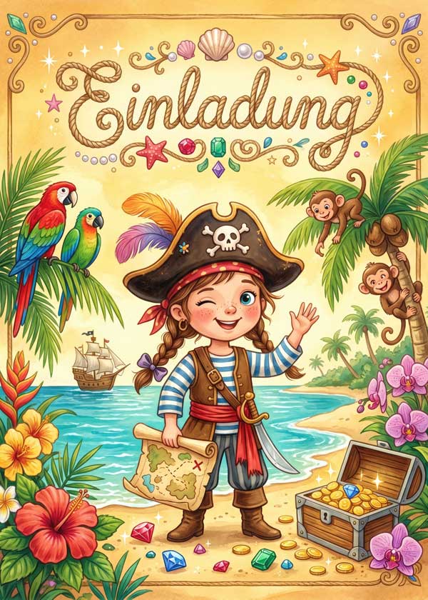 Kindergeburtstag Einladung: Vorlage zum Ausdrucken mit buntem Piratenmädchen mit Schatz Motiv