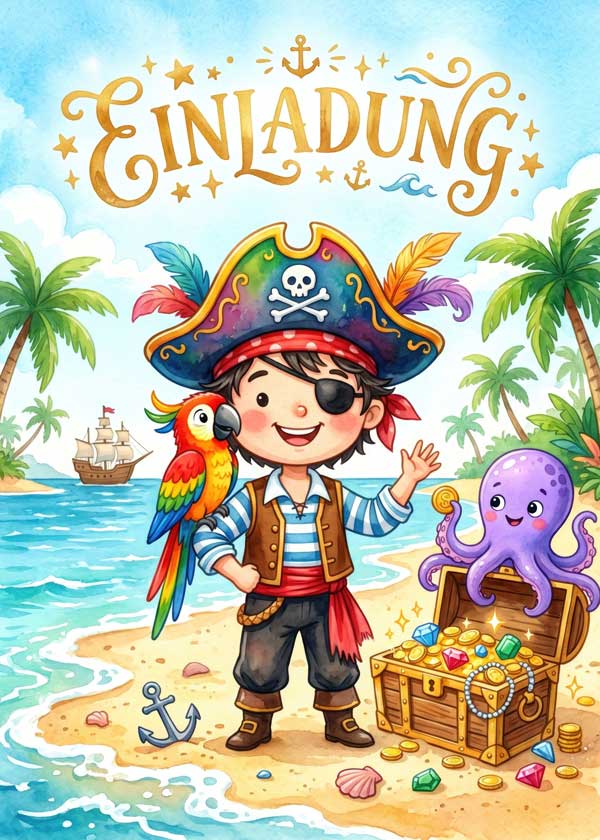 Kindergeburtstag Einladung: Vorlage zum Ausdrucken mit buntem Piratenjungen mit Schatz Motiv