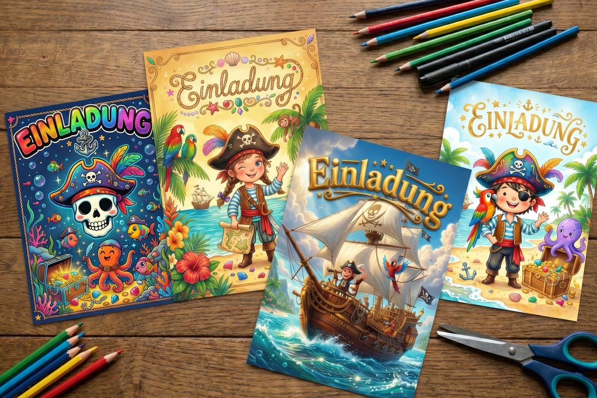 Kindergeburtstag Einladung: 4 PDF Vorlagen zum Ausdrucken mit tollen Piraten Motiven